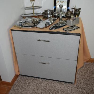 Silver serving ware, 2-drawer storage unit