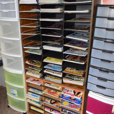 Plastic storage containers with drawers, shelves
