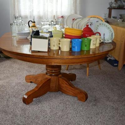 Wood dining table, Fiesta ware, china