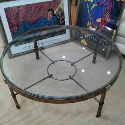 Glass and Metal Coffee Table and Two Framed Posters