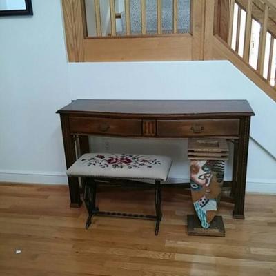 Wood Table and Needlepoint-Covered Bench