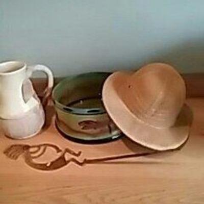 Pith Hat, Glass Bowl, & Pottery