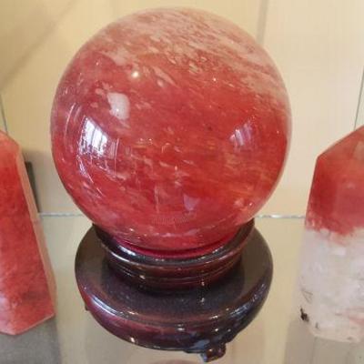 WAE077 Pair of Cherry Quartz Scepters & Sphere w/ Stand
