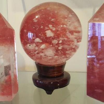 WAE076 Two Cherry Quartz Scepters & Sphere w/ Stand
