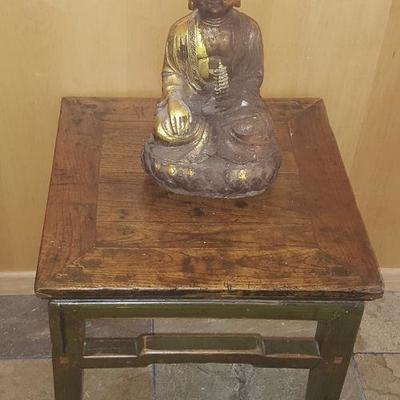 WAE109 Cast Iron Buddha & Wood Side Table
