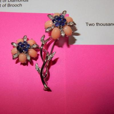 18K Brooch,  Composed with Pink Coral, Blue Sapphires,    and Diamonds. Buy it Now. $1250.00