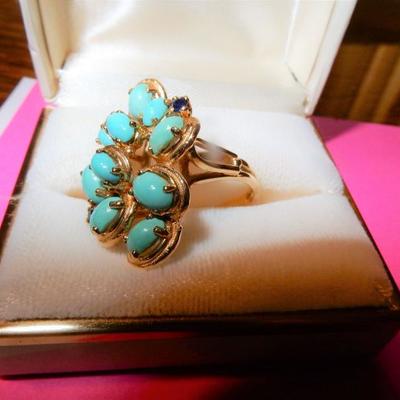 14K  size 6.5 ring, natural turquoise in a robin eggs blue coloring. with sapphires in a natural blue  Buy it now $600.00