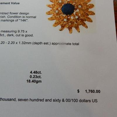 14K brooch, lapis lazuli, and diamonds.  Buy it now. $850.00
