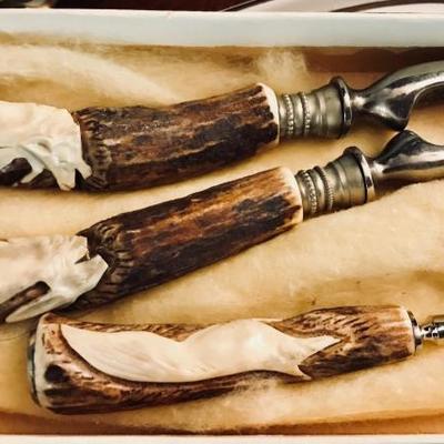 ROSTFREI 2-piece set (seafood). Carved stag antlers as handles.