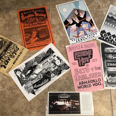 Armadillo Concert Hall World Headquarters posters and flyers from 70's and 80's. Excellent condition.