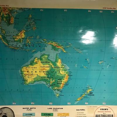 Large vintage school map of Australasia.