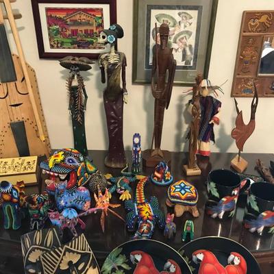 Folk art from Mexico. Katrina skeletons, beaded art from the Huichol Indians, and some Alebrijes (nightmare animals), plus much more.