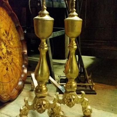 chippendale brass fireplace andirons with lions