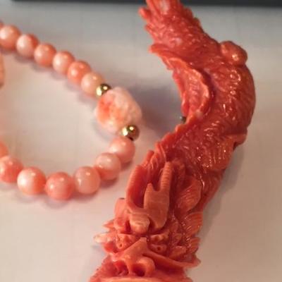 Rare Coral Carved Dragon Brooch
