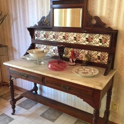 Marble Top Wash Stand with tile back