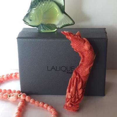 Lalique Fish - Rare Coral Carved Dragon Brooch