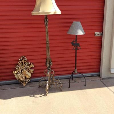 Two Metal Floor Lamps and Syroco Wood Wall Fixture