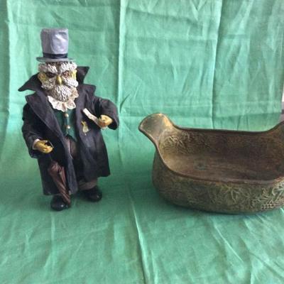 Wise Owl Figurine and Metal Bowl