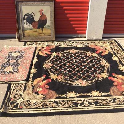 Two Area Rugs and Rooster Print