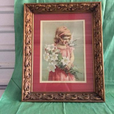 Antique Framed Print of Girl with Lillies