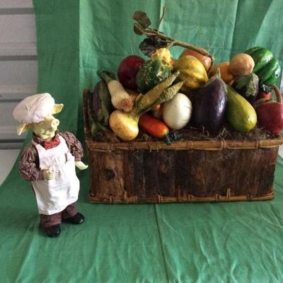 Papier-Mache Vegetable Basket and Starched-Cloth Chef Figurine