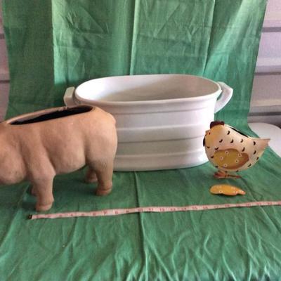 Terra Cotta Pig Planter with White Tub and Metal Chicken Piggy Bank