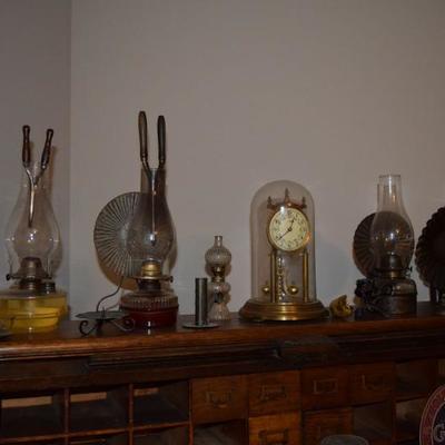 Glass dome clock, hurricane lamps