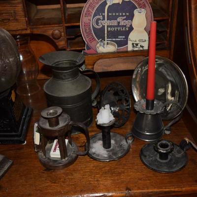 Vintage: candle holders, pitcher, iron, sign