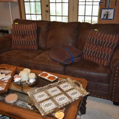 Leather sofa, coffee table, home decor