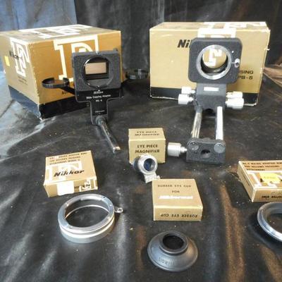Nikon Accessories, including PB-5 bellows focusing attachment, PS-4 slide copying adapter and eye piece magnifier.