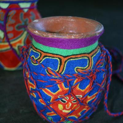 Huichol Indian string art pots