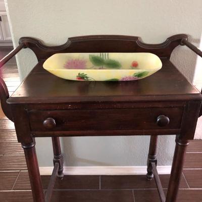 Wooden stand and glass hand painted bowl 