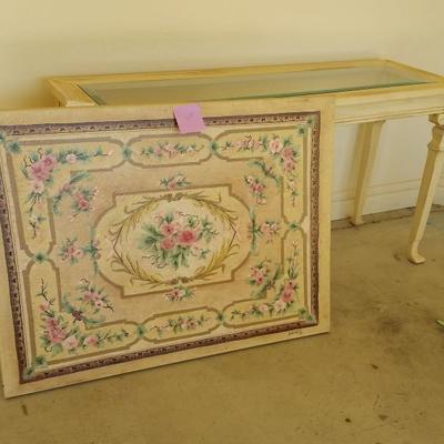 decorator's oil on canvas floral matches to carved oak sofa table in other lot