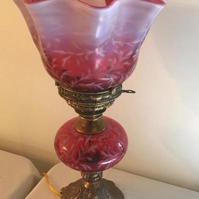 Fenton Cranberry Opalescent Fern Lamp 