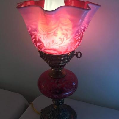 Fenton Cranberry Opalescent Fern Lamp 