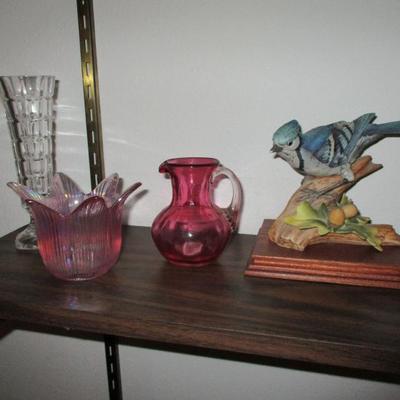 Fenton cranberry glass mini pitcher, Fenton bowl, vase, porcelain bird