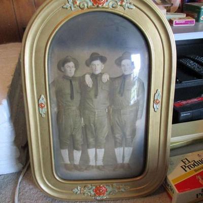 Antique picture of three brothers in pretty hand painted bubble glass frame