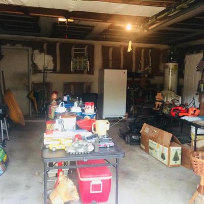 Garage items, lawn soil, coolers, Christmas items, grill, etc.