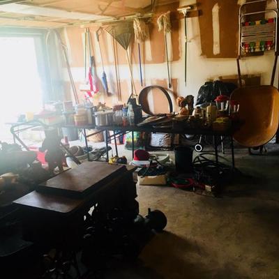 Garage items, wheelbarrow, old singer sewing machine table w/ machine, mops, brooms, etc.