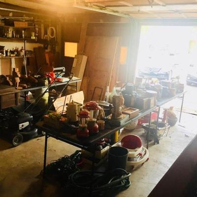 Garage items, lawn mower, hoses, Christmas lights, etc.