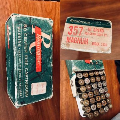 1960's box of Remington bullets. 357 magnum. Hi-speed 158 grain soft pt. Mix of brass and possibly aluminum or nickel. UN-fired. We have...