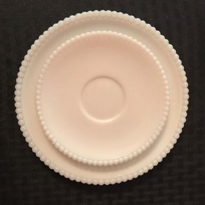 Westmoreland milk glass. Saucer (10 available) and salad plate (5 available). $2 and $5, respectively.