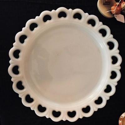 Medium torte plate in lace edge milk glass by Anchor Hocking. $32