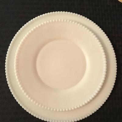 Westmoreland white milk glass luncheon plate with rim (4 available) and dinner plate with rim (5 available). $7.50 and $12, respectively.