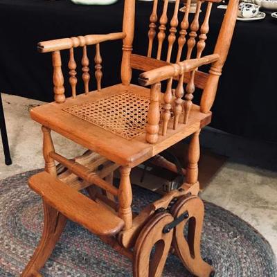 PICTURE 1: Antique High Chair & Stroller Combo. This item, estimated to be from the late 1800s or early 1900s, is mostly made of oak,...