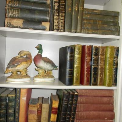 Elegant library of leather bound books; many antiques; volumes in French and German