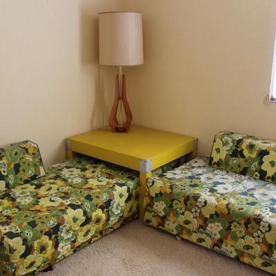 Mid-century day beds, pair with matching covers and bolsters.