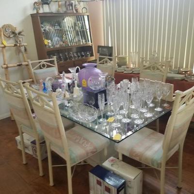 Glasstop dining set..lots of crystal and glassware