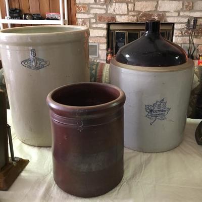 Crocks - brown 2 gal., Pacific clay Co . Los Angeles 8 gal, Western Stoneware 5 gal. Jug