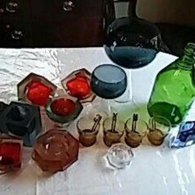 Colored Glass Ashtrays, Cups, Art on Rock Crystal